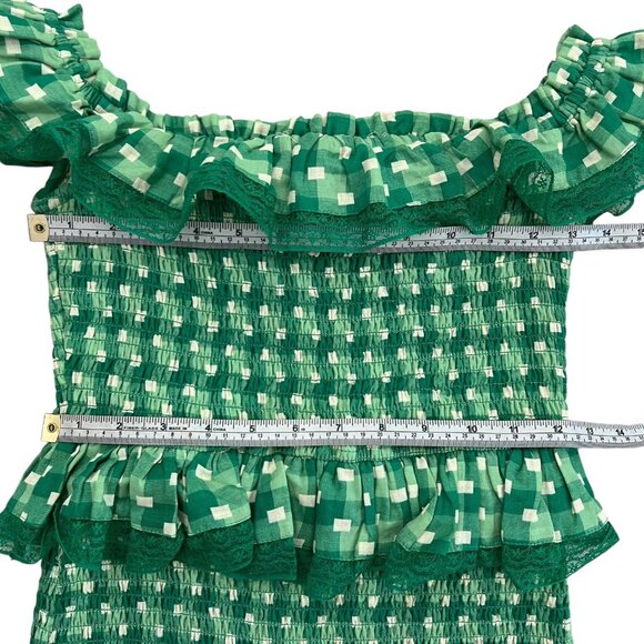 Tularosa Teri Gingham Plaid Smocked Bodycon Mini Dress Green Small Ruffle Peplum - Picture 8 of 9